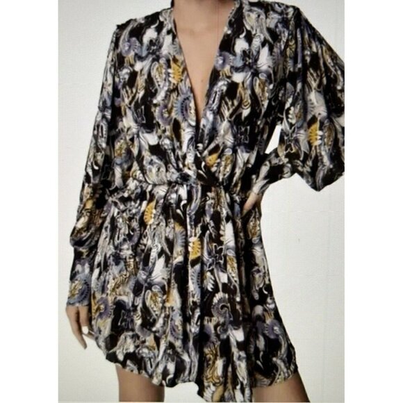 IRO Damie Dress Long Sleeve Faux Wrap Front Drape Mini Black/Purple Silk Sz 38/6 - Picture 1 of 16